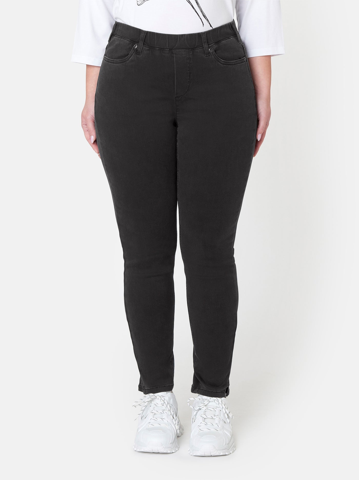 7/8 Stretch Denim Bukser Med Elastisk Linning - Black Denim Washed